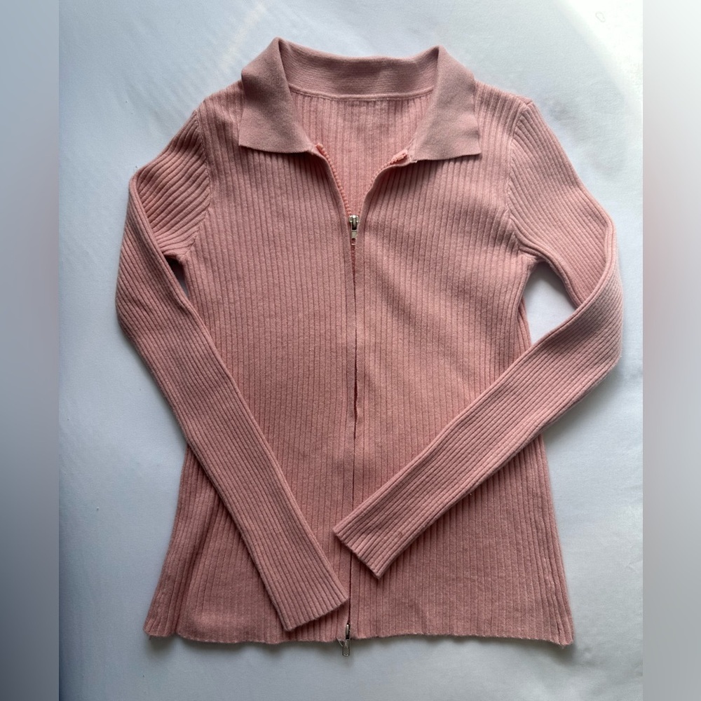 Y2K Vintage Women's  Pink Knit Zipper‎ Sweater -Ribbed Long Sleeve Size Small
